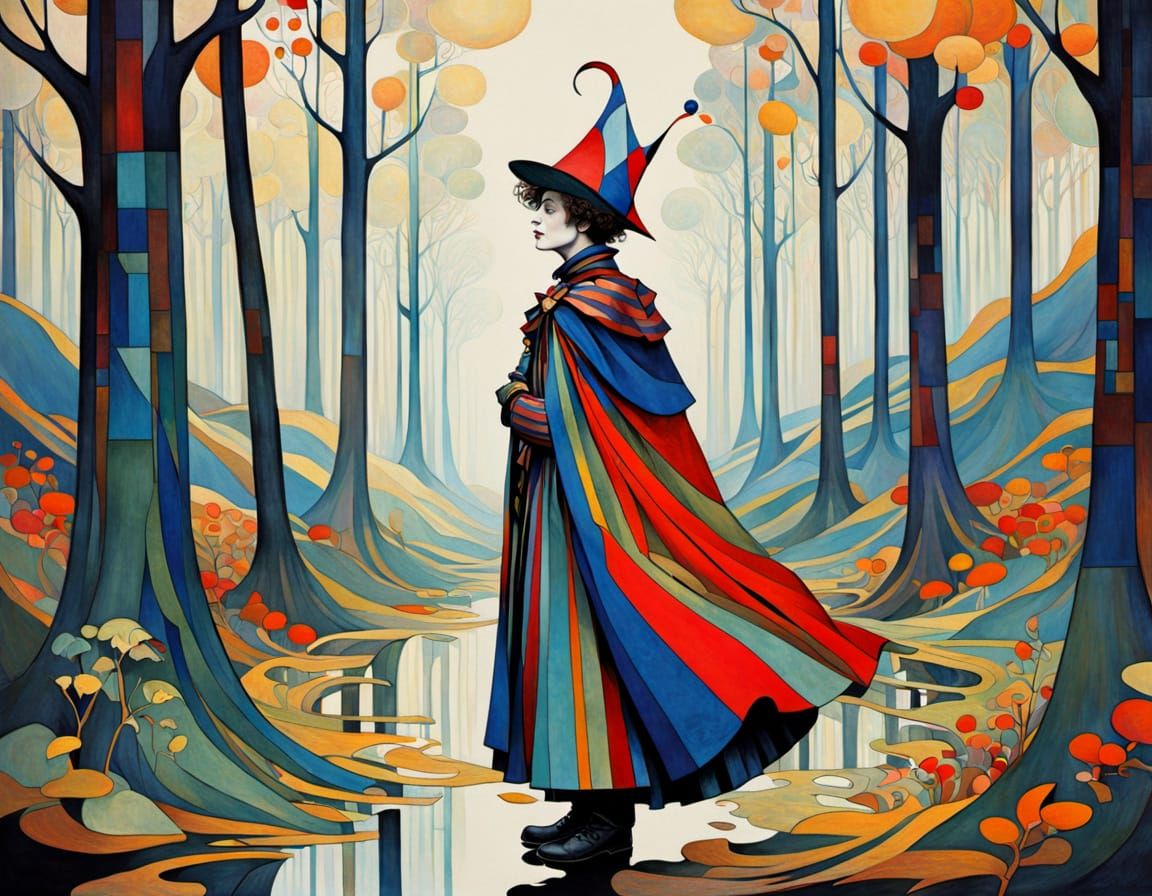Jester in Surreal Forest, Art Nouveau Style
