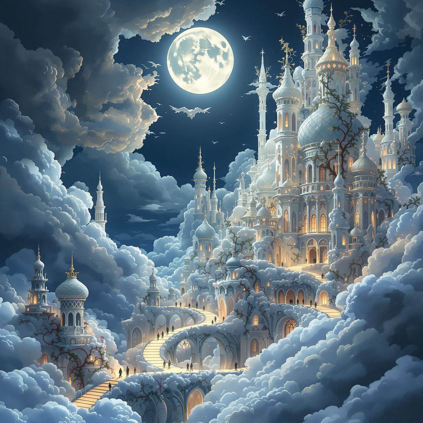 Dreamlike Cloud City Under Luminous Moon