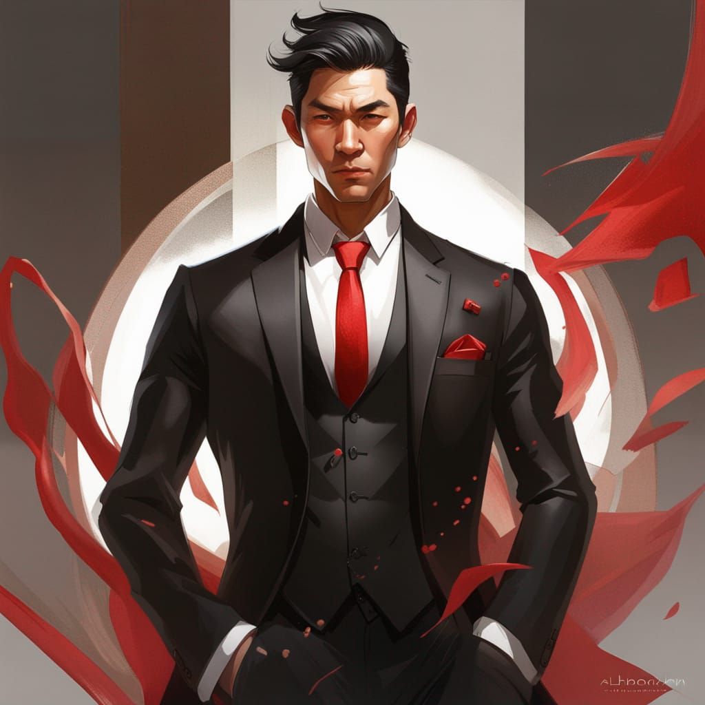 Asian Man in Black Suit Concept Art