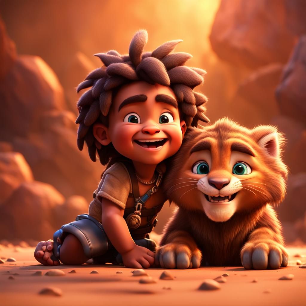 Toddler Caveman Hugging Sabertooth Kitten in 3D