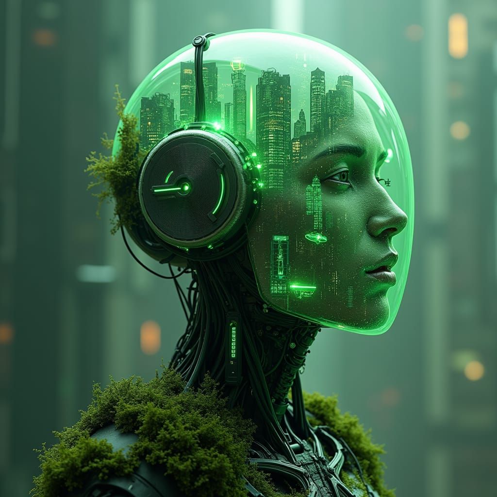 Cyberpunk Humanoid with Metropolis in Helmet