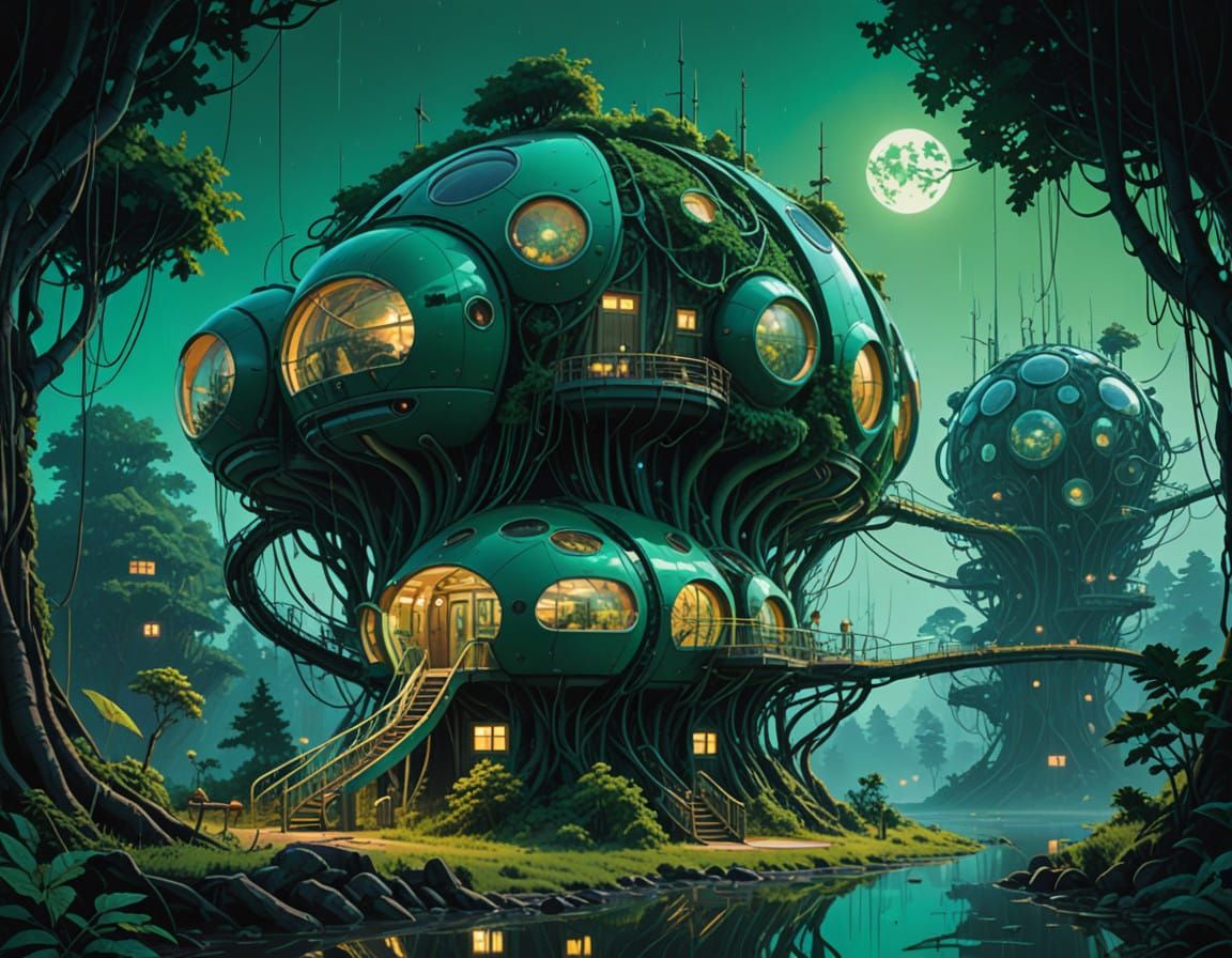 Bio-Mechanical Forest Town in Eerie Futuristic Harmony