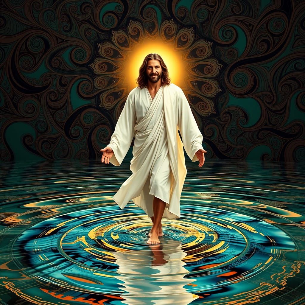 Jesus walking on water smiling, in an optical illusion.abstr...
