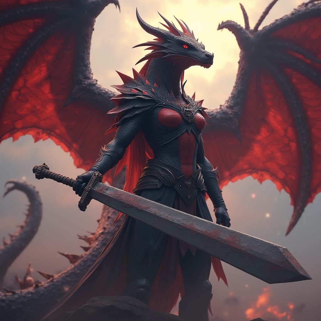 Dark Fantasy Dragonborn Barbarian in Battle Readiness