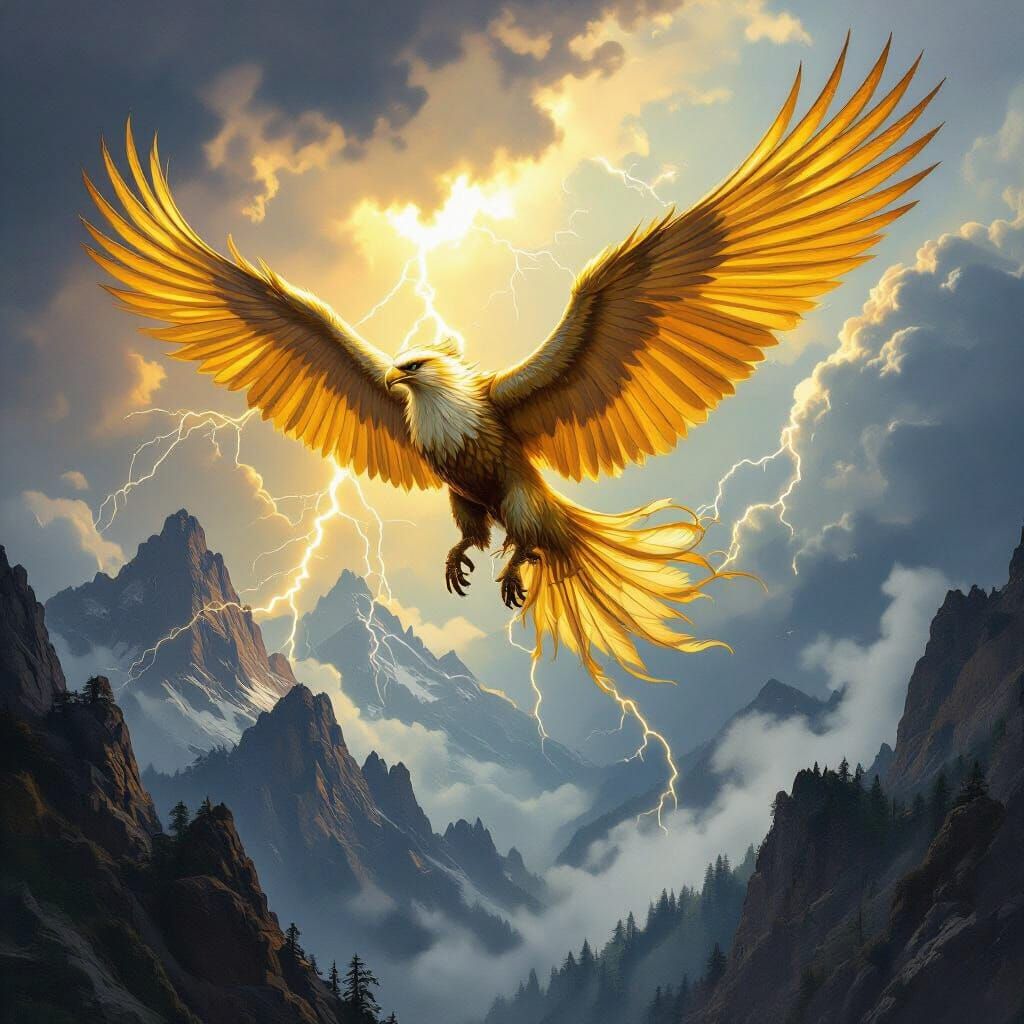Griffin Soaring Through Stormy Sky in Fantasy Art Style