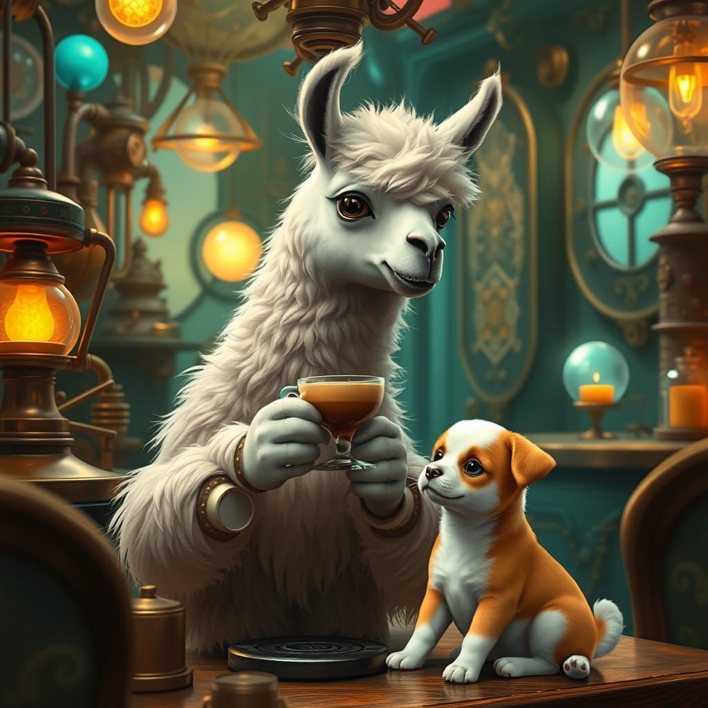 Steampunk Llama Crafts Artistic Cortado in Whimsical Café