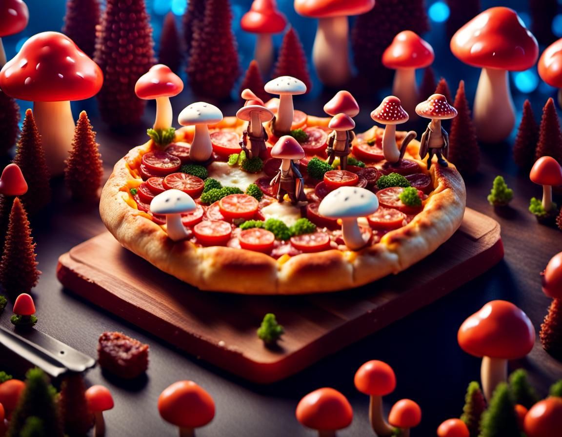 Mushroom People in Meat City on Pizza, 3D Art