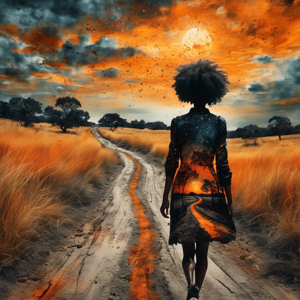Surreal Afro-Latina Walks Dirt Road: Double Exposure Art