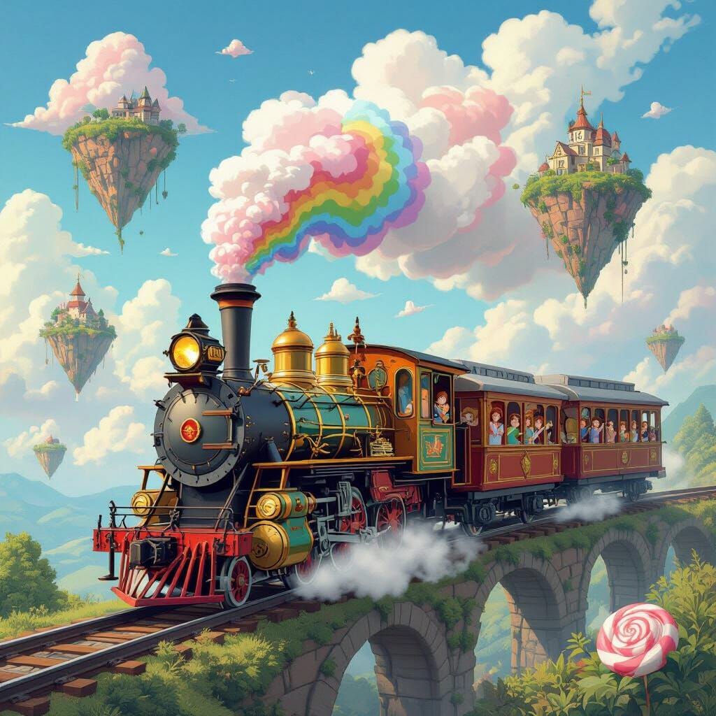 Whimsical Clockwork Train in Candy Floss Sky