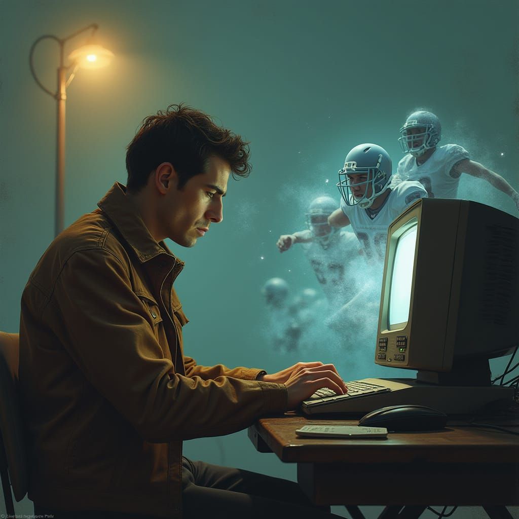 Cyberpunk Man with Ghostly Football Players