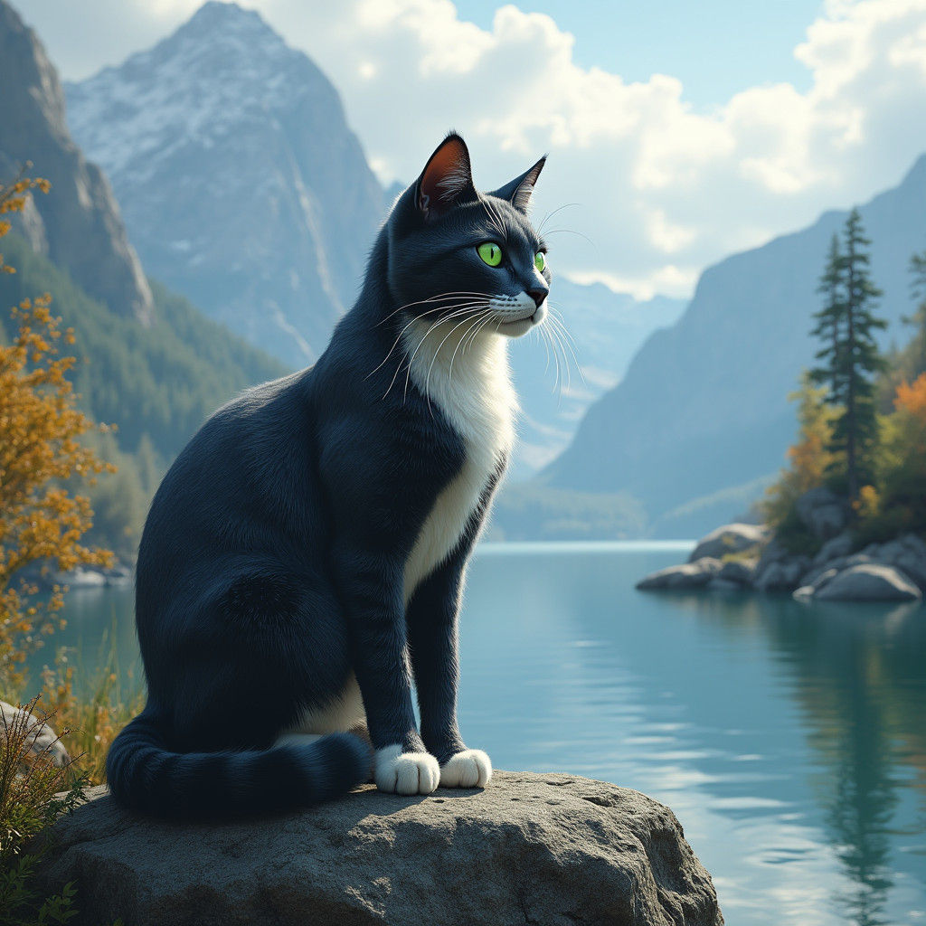 Regal Cat Gazing Across Lake, Fantasy Art