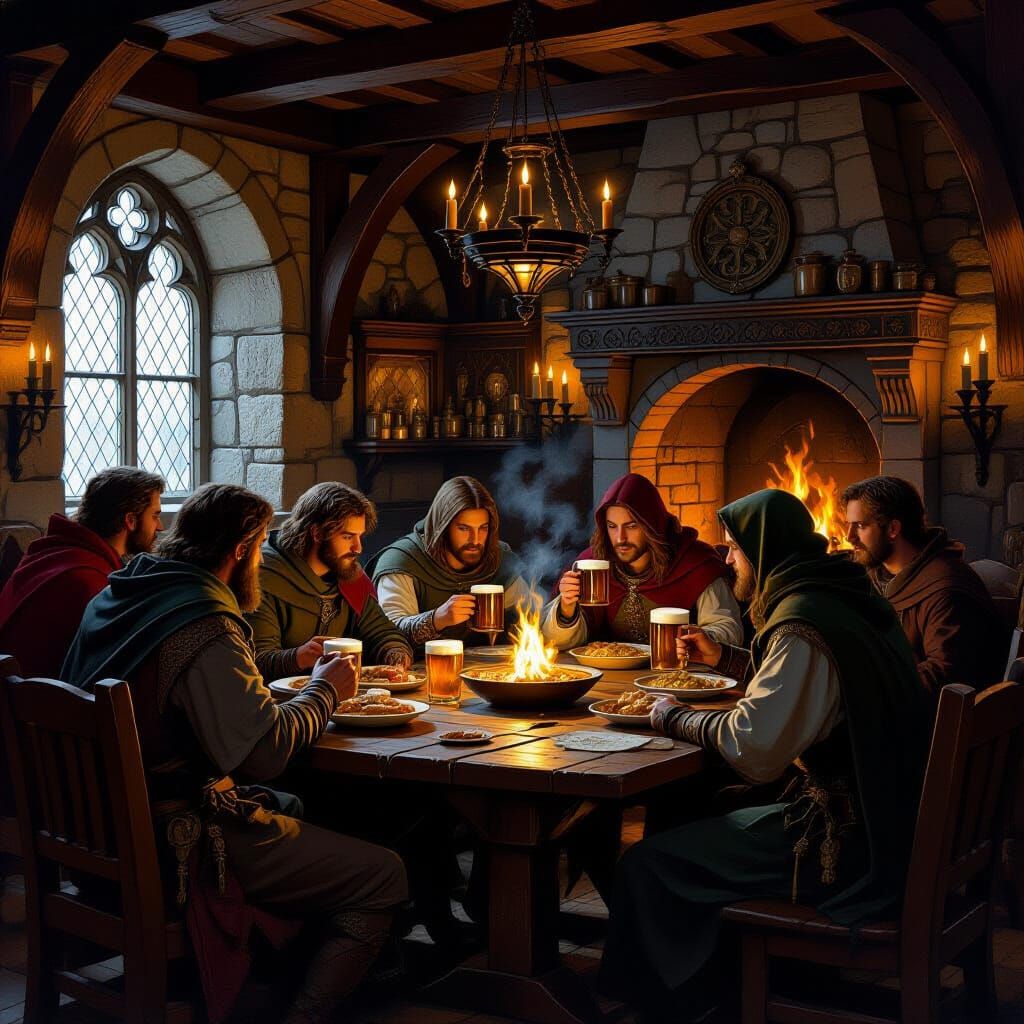 Cozy Medieval Tavern Scene in Pre-Raphaelite Style