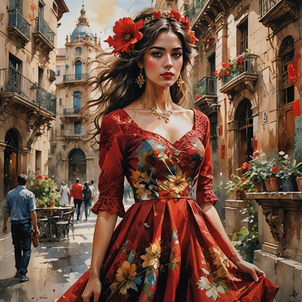 Spanish Woman in Barcelona, Garmash-Style Filigree