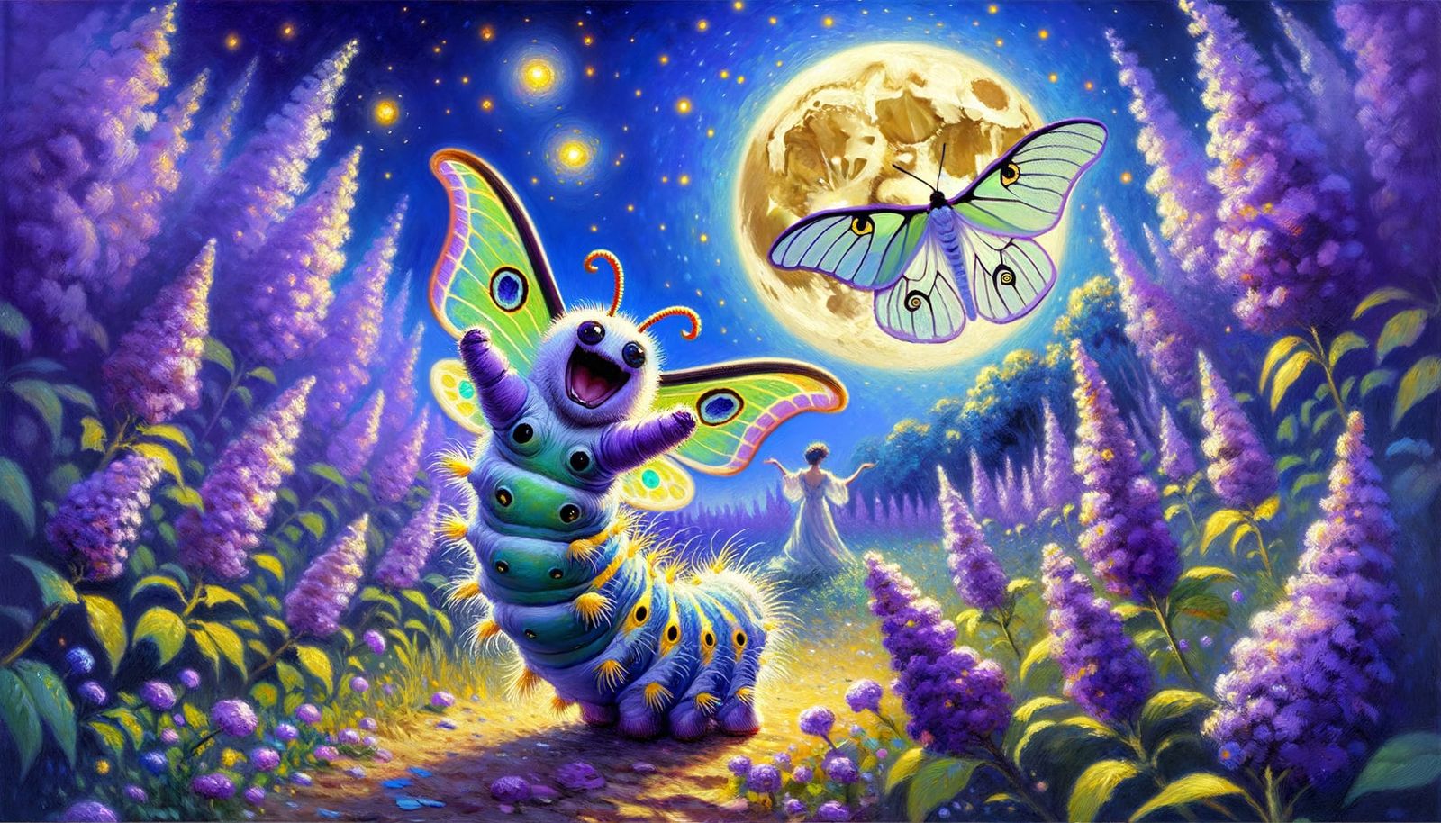 Caterpillar's Moonlit Dance with Luna Moth: Impressionist Go...