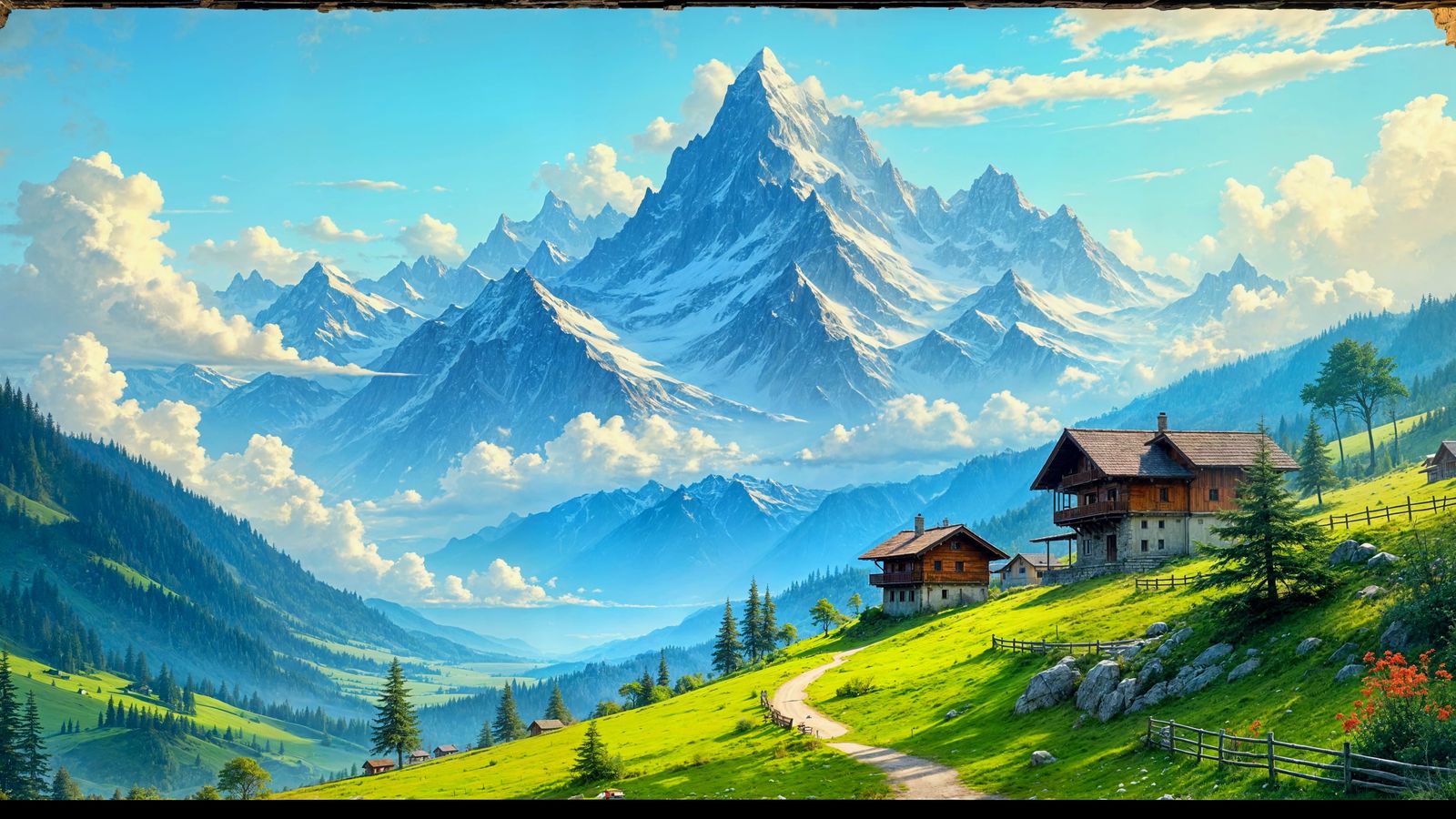 Majestic Swiss Alps Village Below Snow-Capped Peaks