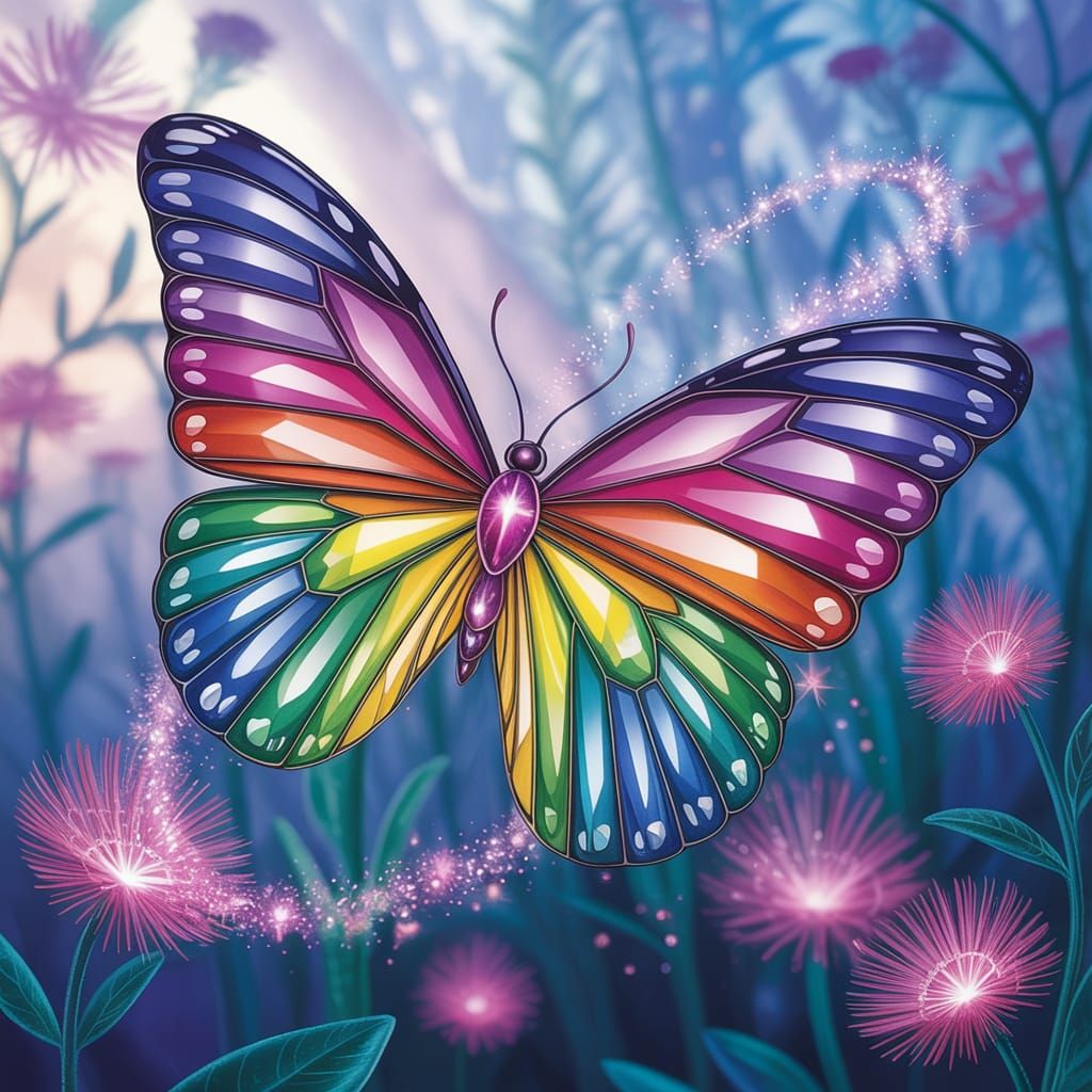Rainbow Gemstone Butterfly Amidst Bioluminescent Flowers