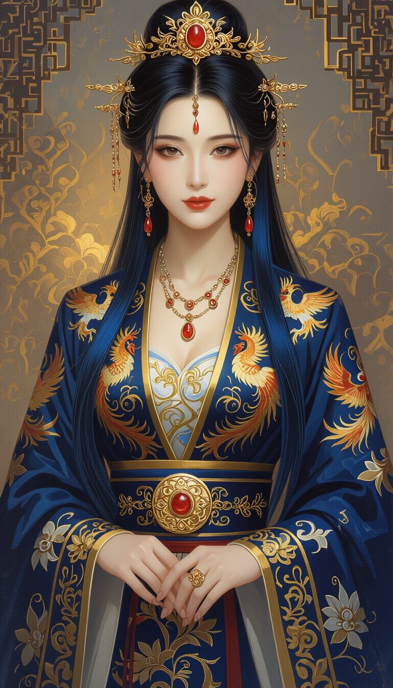 Regal Chinese Woman with Phoenix Embroidery