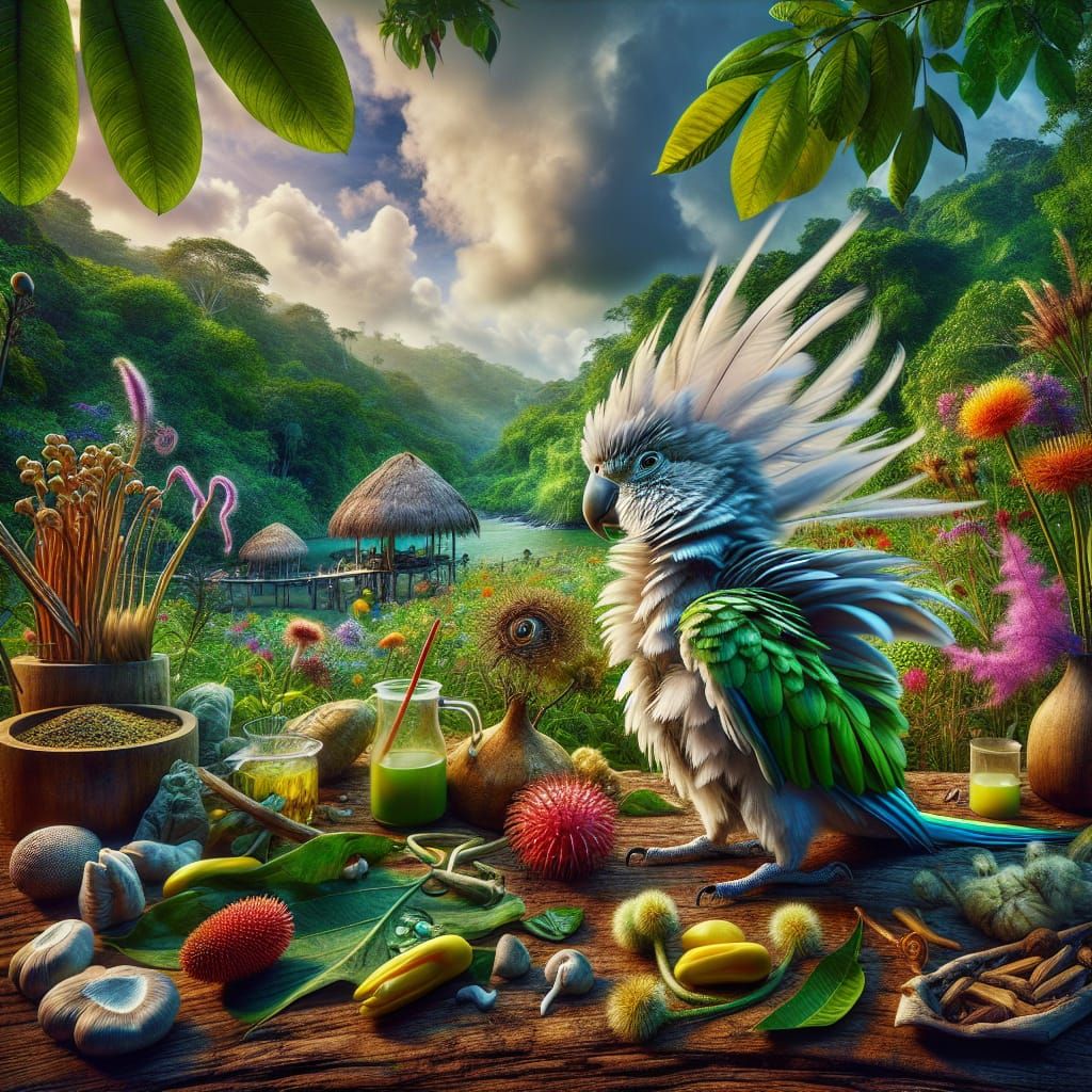 Hyperrealistic Parakeet in Surinam Landscape