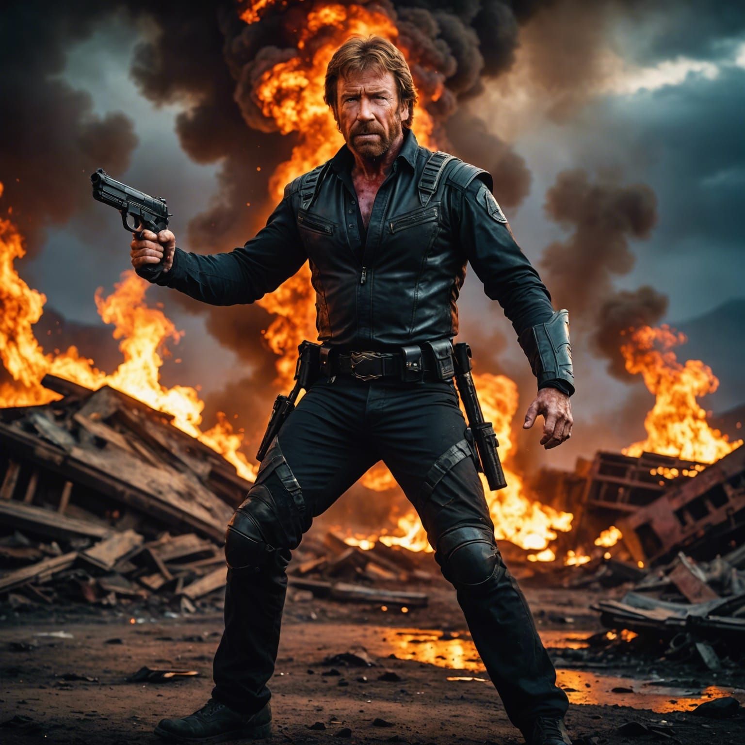 Chuck Norris Battles Aliens in a Fiery Wasteland