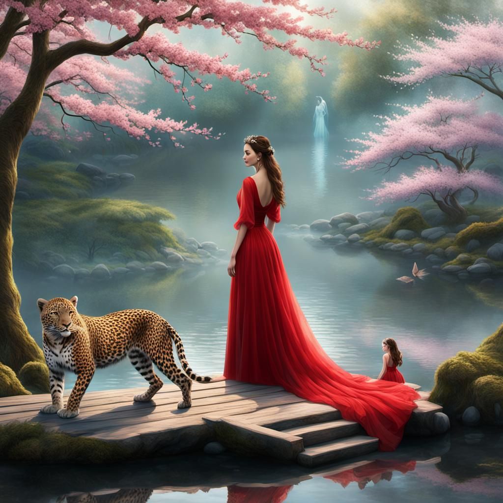 Woman and Leopard in Ethereal Forest, Fantasy Art