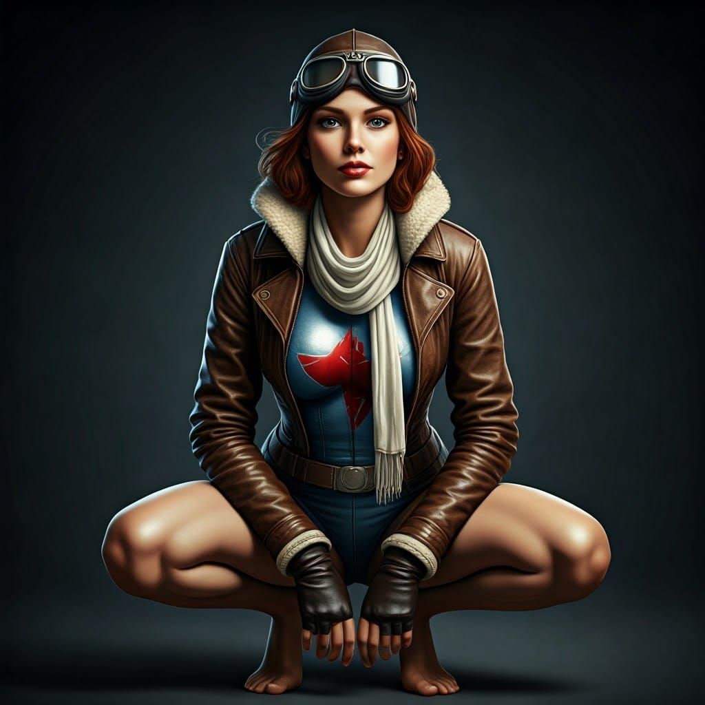 Auburn-Haired Aviator Superheroine Portrait in Comic Art Sty...