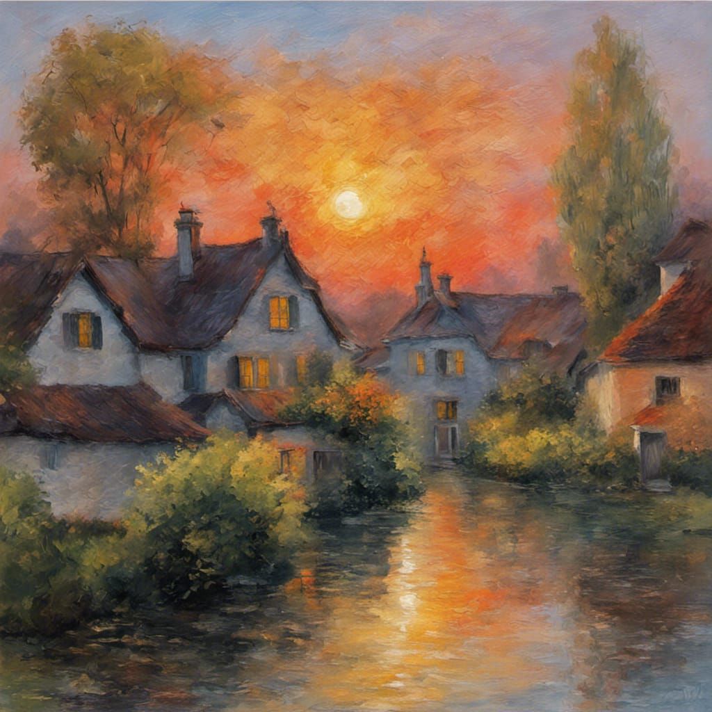 Village Sunset in Impressionist Oil Painting Style