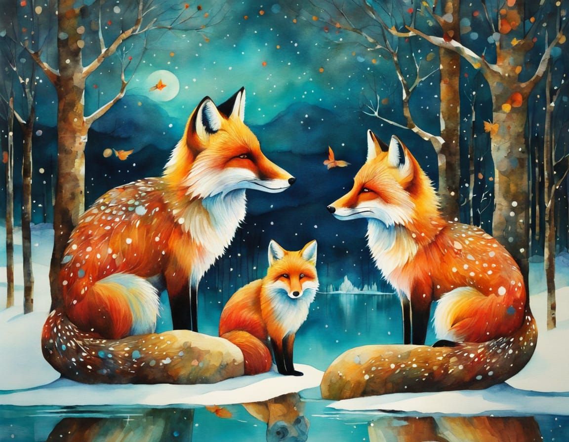 Surreal Whimsical Illustration of a Fox at a Winter Lake in...