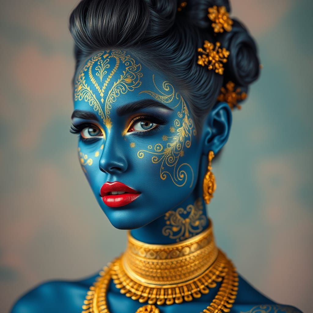 Ethereal Blue-Skinned Woman with Gold Patterns