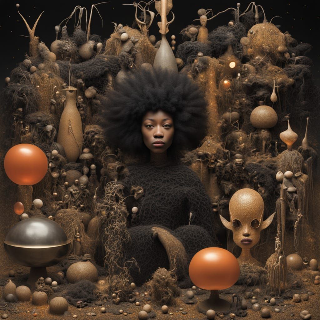 Afrofuturist Alien Merchant in Dark Surreal Alley