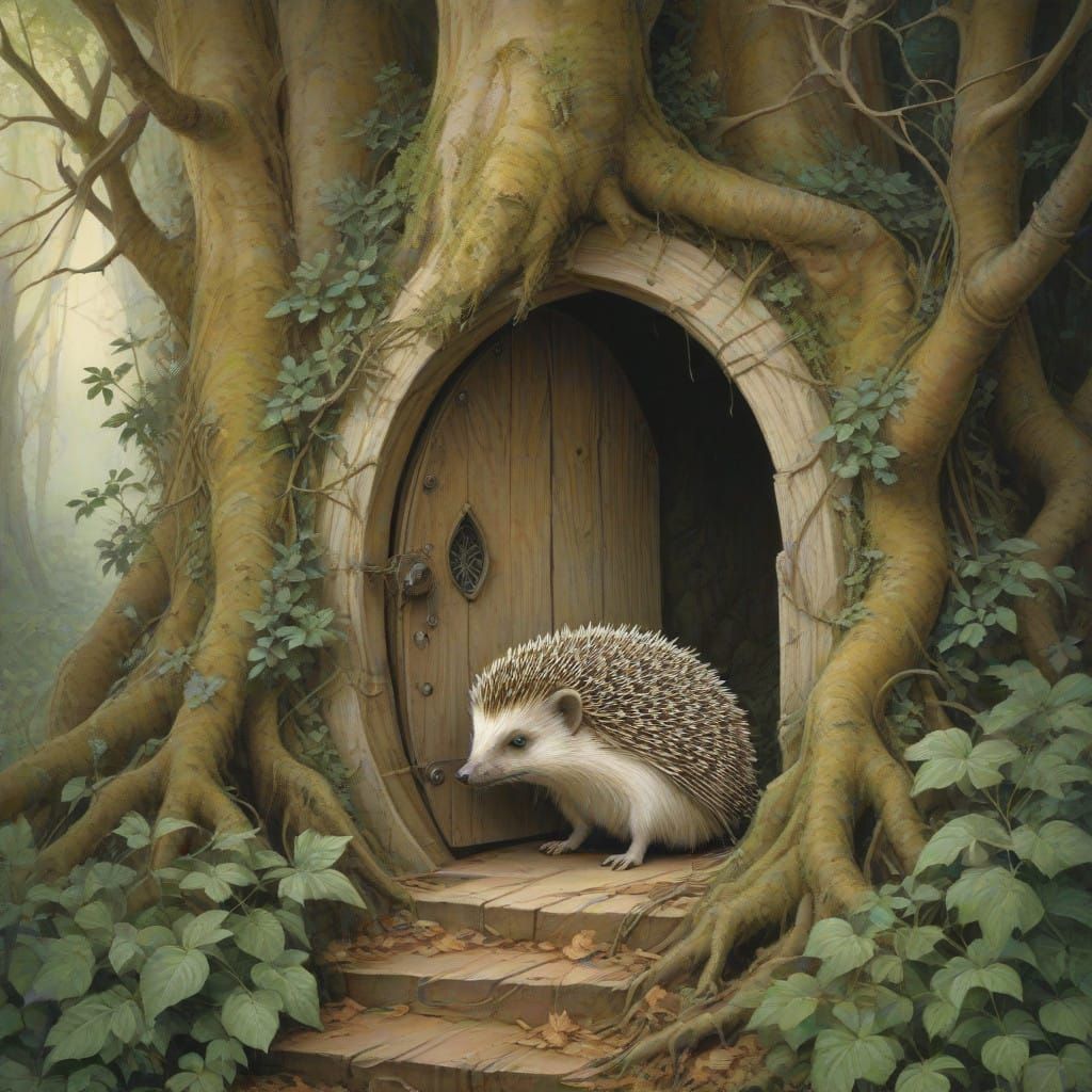 Whimsical Forest Creature Beside a Tree Door in Nature
