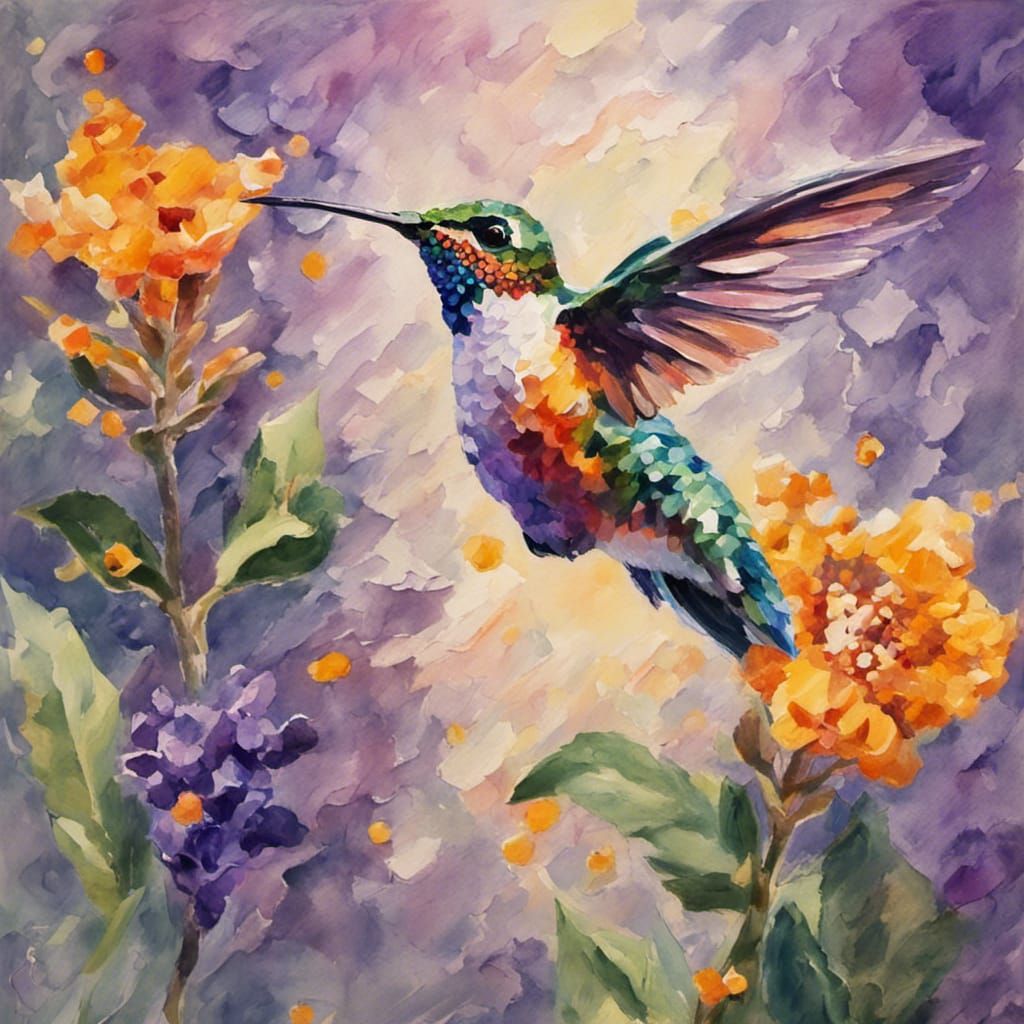 Amethyst Woodstar Hummingbird in Flight: Gouache Watercolor