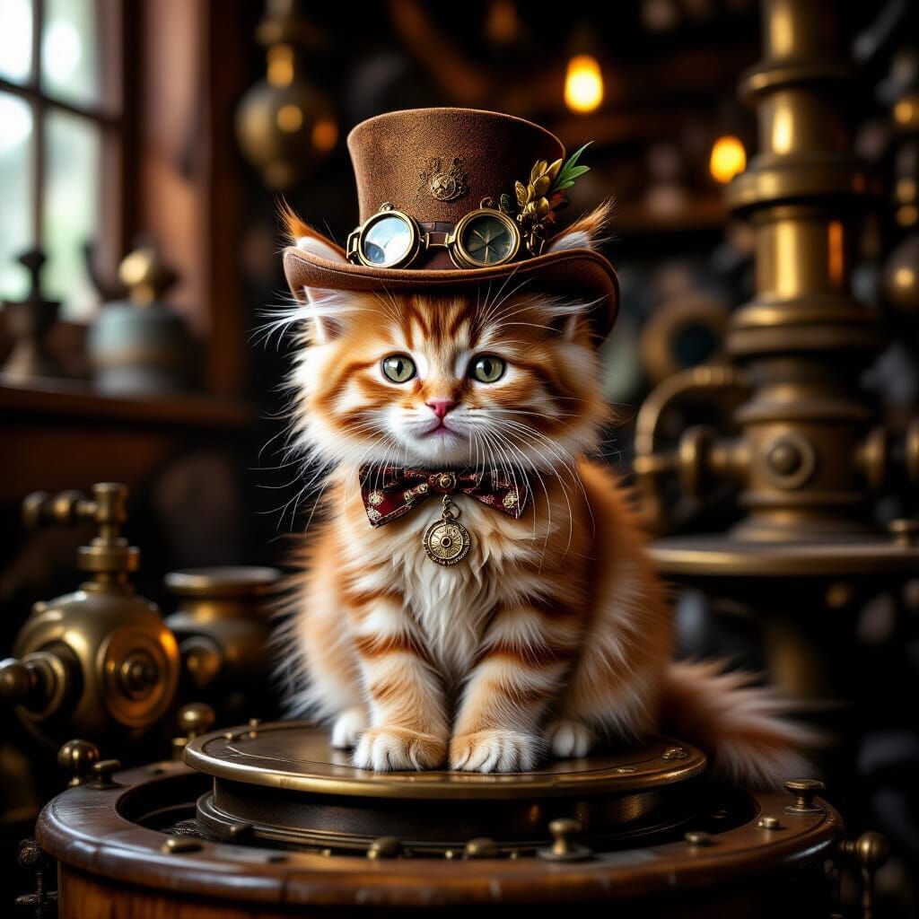 Steampunk Kitten With Vintage Instruments In Cozy Workshop