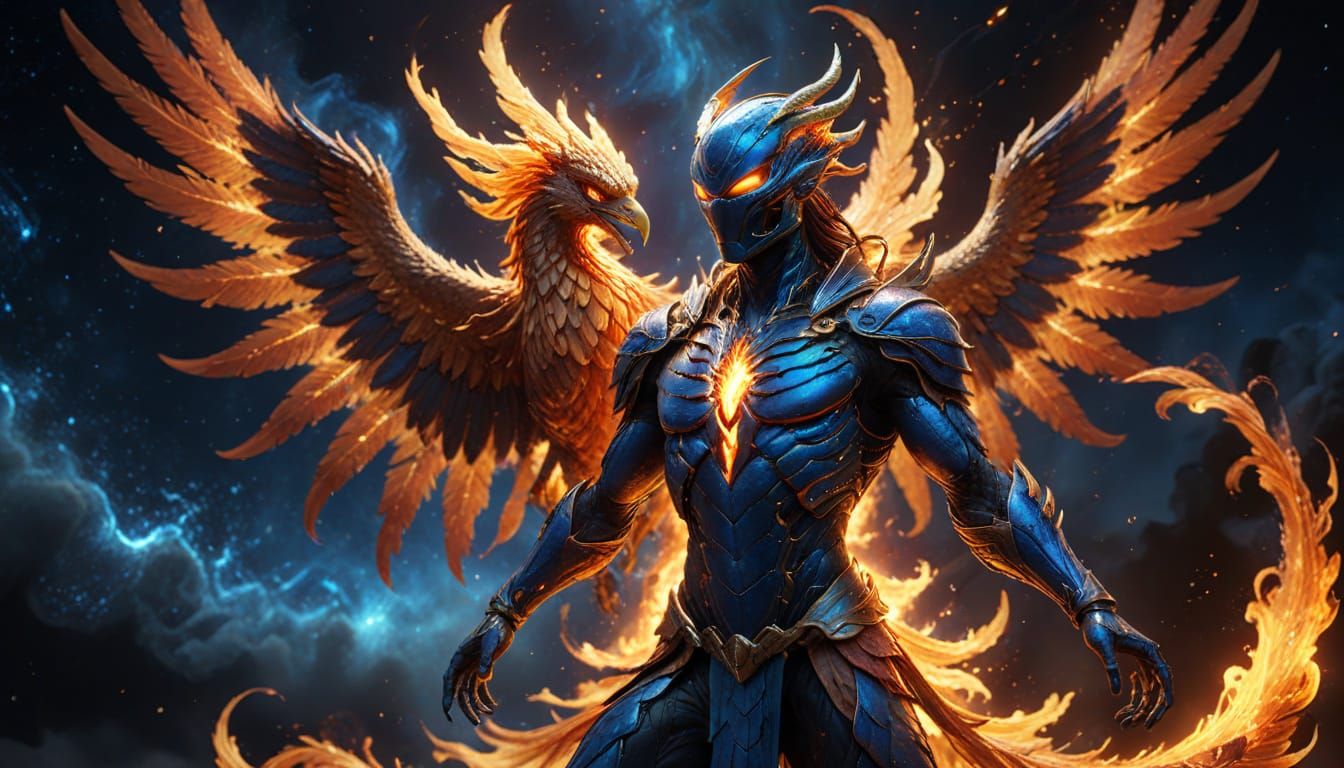 Scorpion Humanoid Rises from Flames with Phoenix Wings