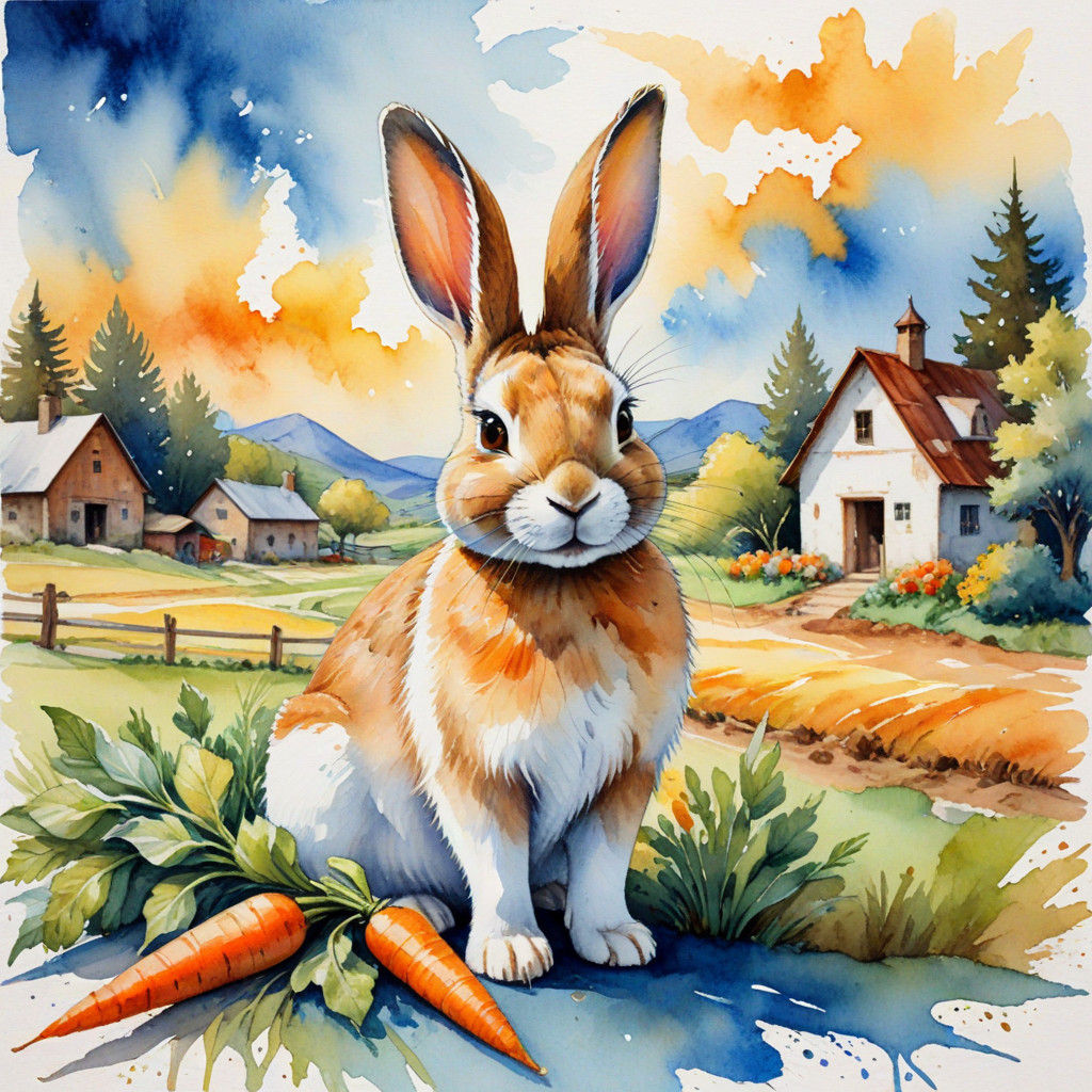 whimsical watercolor of a cute rabbit eating a carrot on a f...