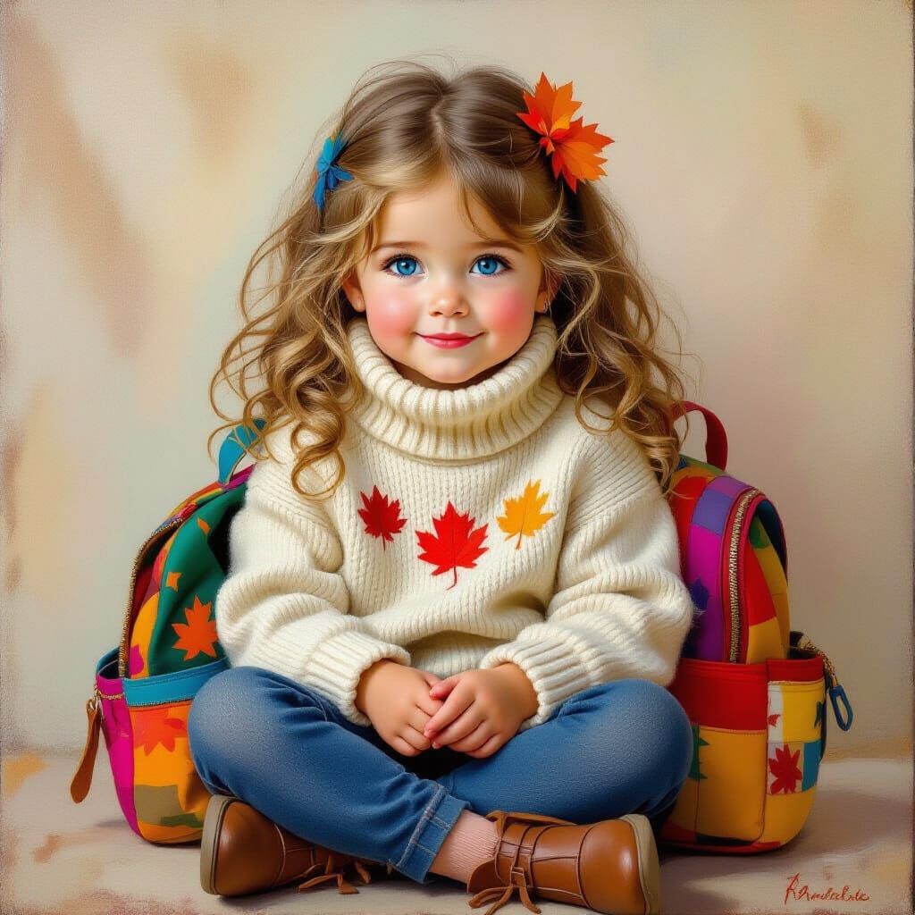 Girl with Backpack in Oil Painting Style