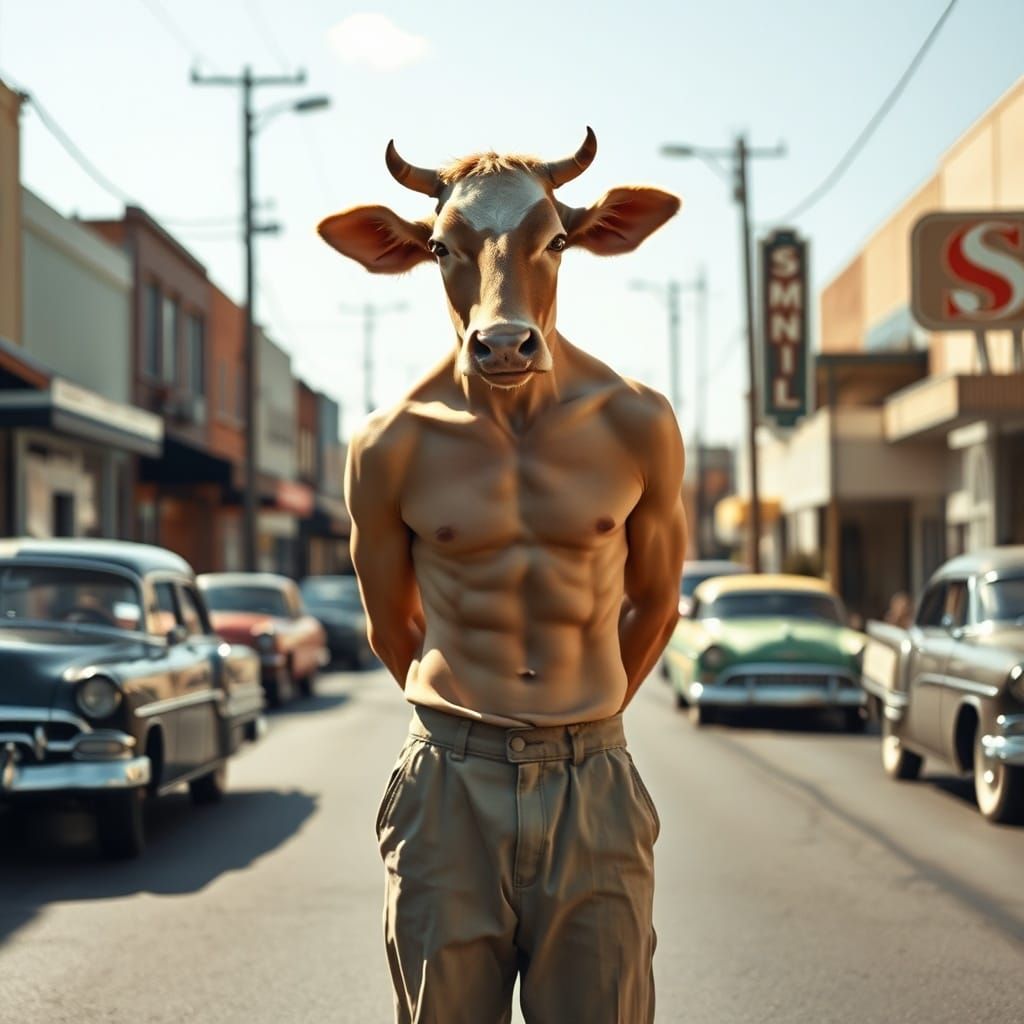 Half Cow Half Boy in 1950s Street Photo
