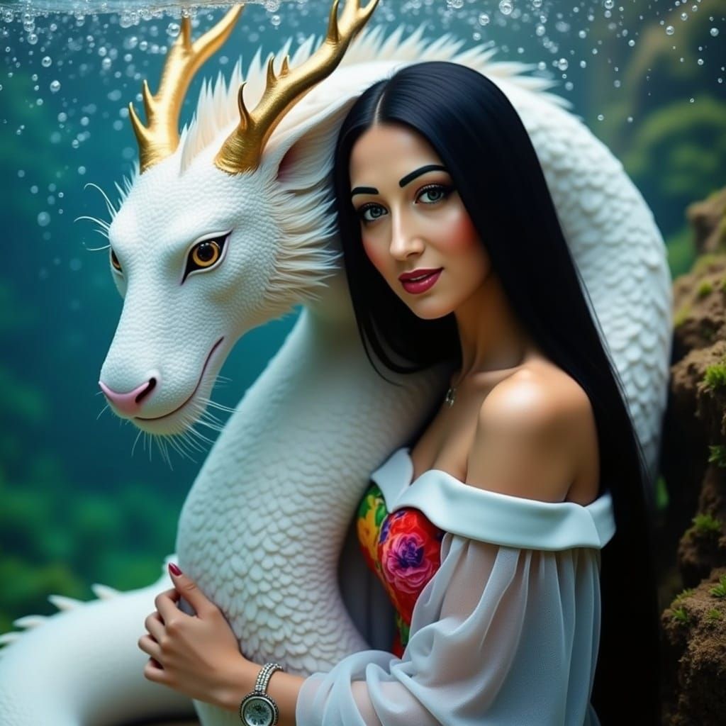 Graceful White Dragon Coiling Around Woman Underwater