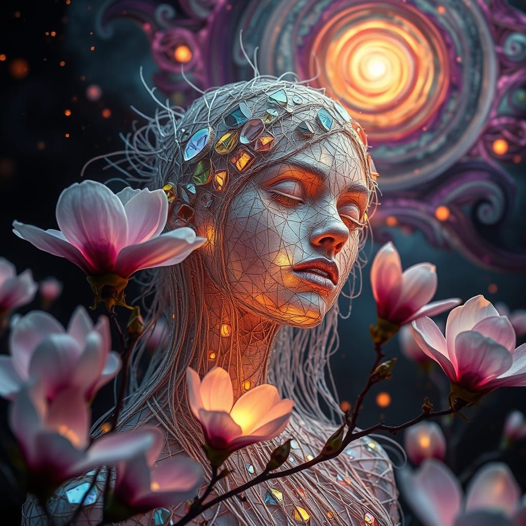 Ephemeral Eco-Art Portrait: Woman of Strings and Flowers