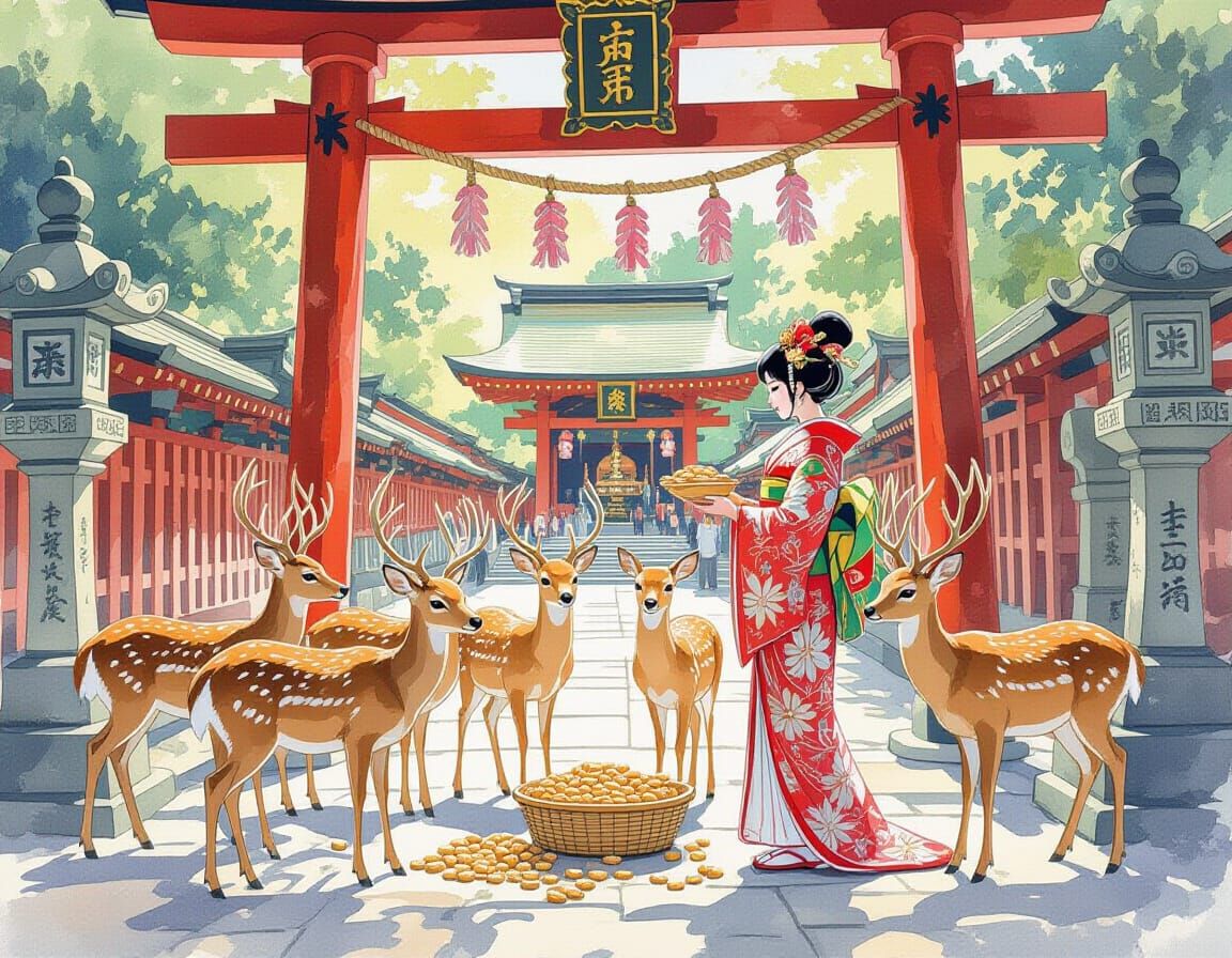 Mystical Deer at Kasugataisha Shrine: Watercolor Style