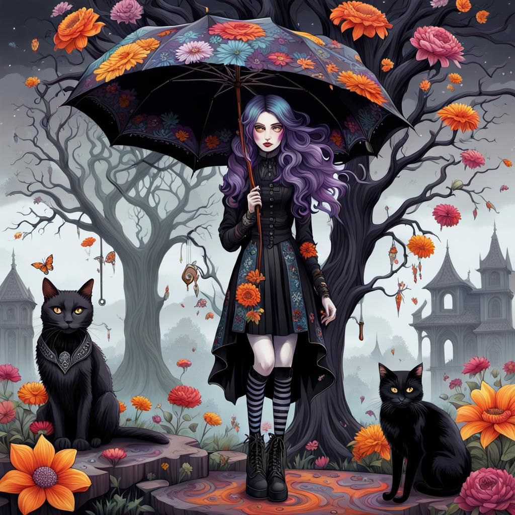 Vibrant Gothic Girl with Cat in Digital Illustration
