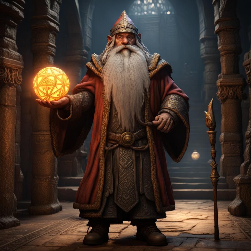 Dwarf Wizard in Dungeon with Glowing Orb