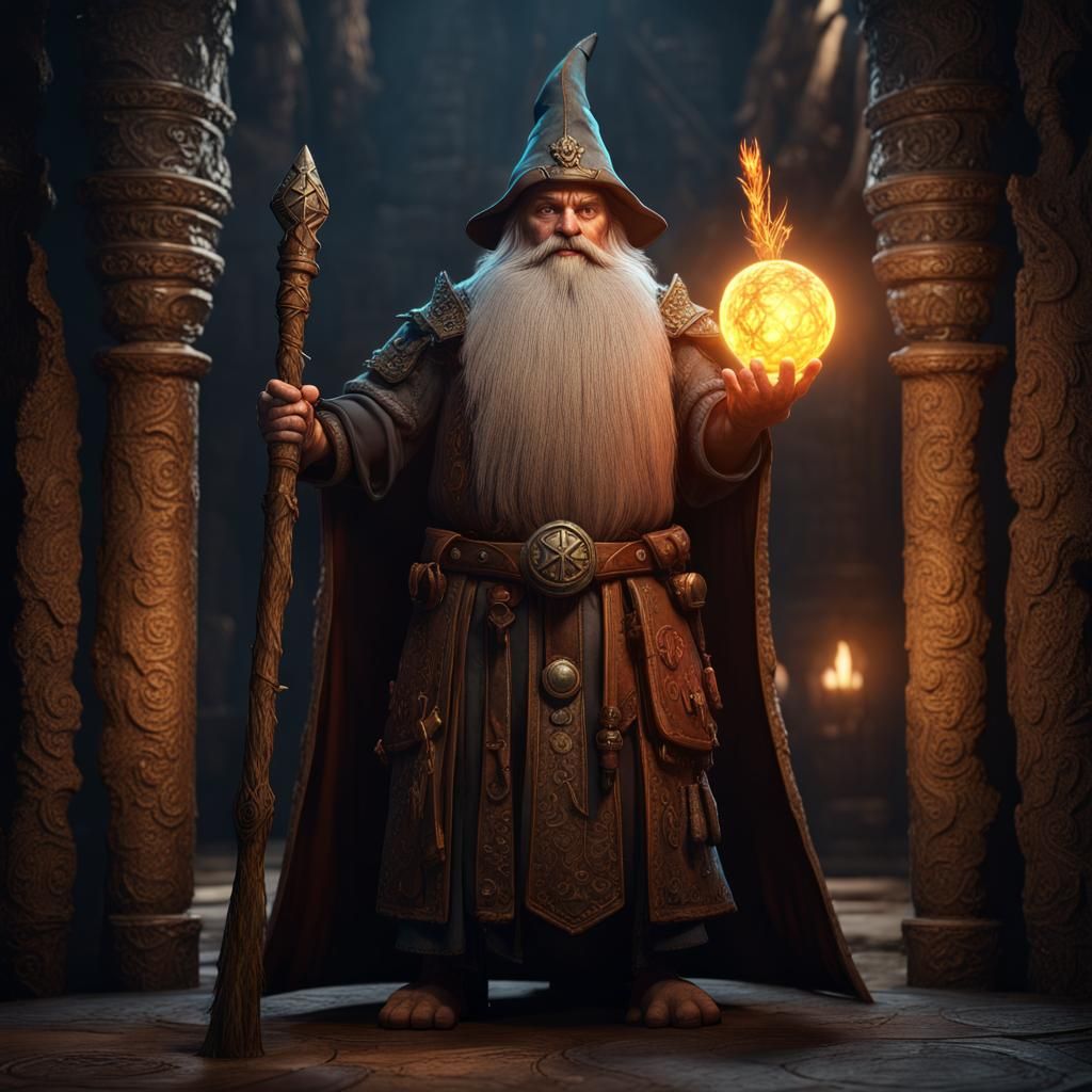Dwarf Wizard in Dungeon with Runes and Orb