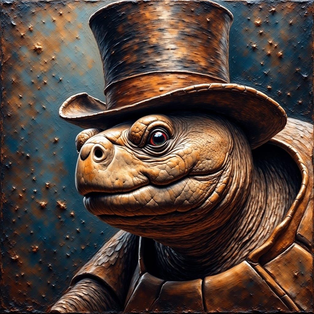 Detailed Tortoise in Top Hat, Impasto on Canvas