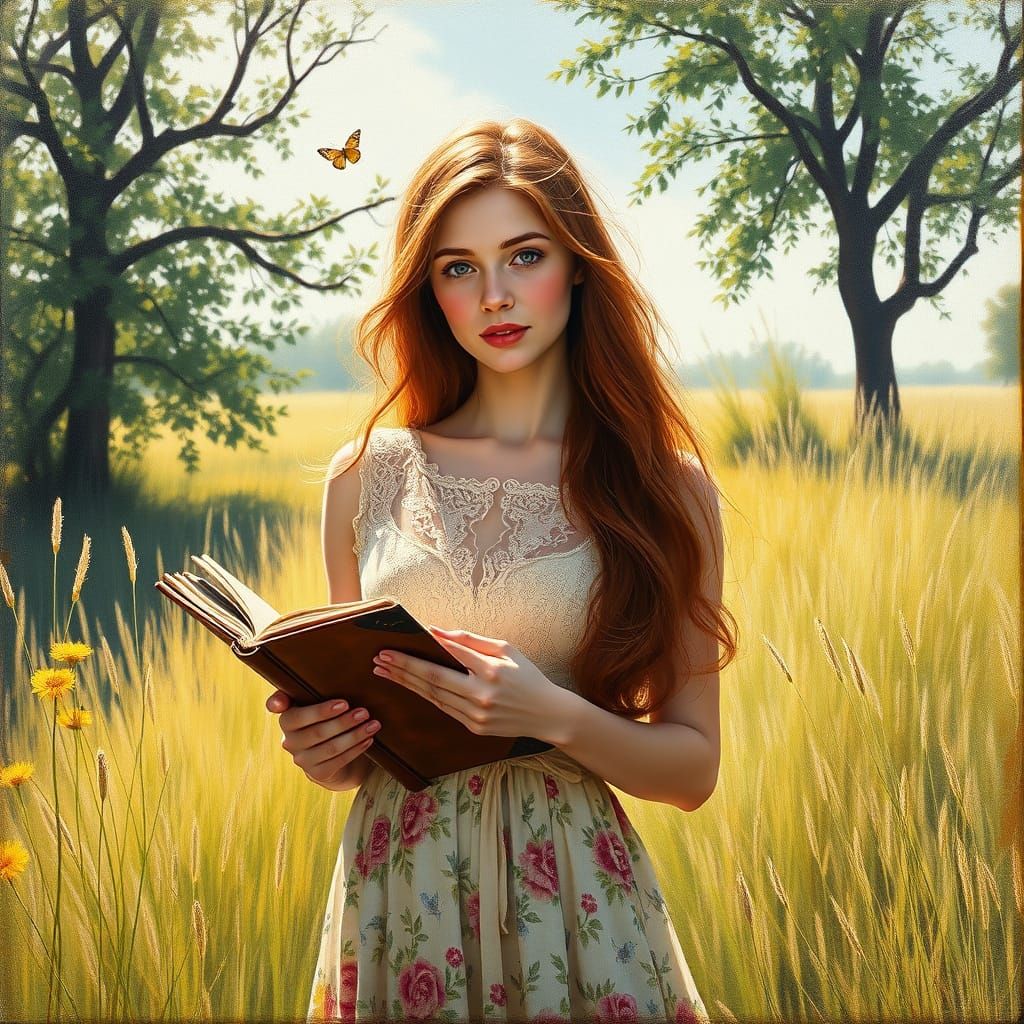 Elegant Woman in a Sunlit Meadow, Inspired by Impressionism