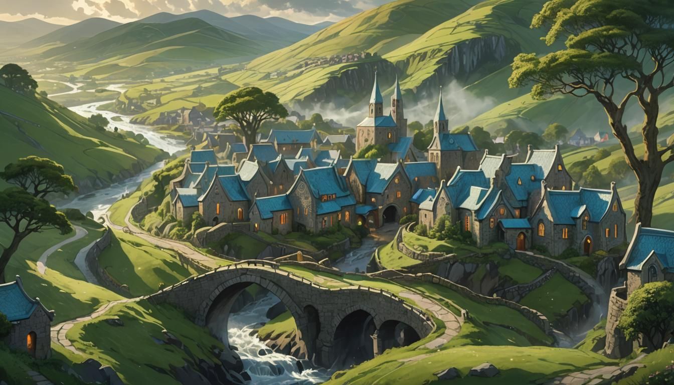 Mystical Celtic Village Concept Art with Ethereal Lighting