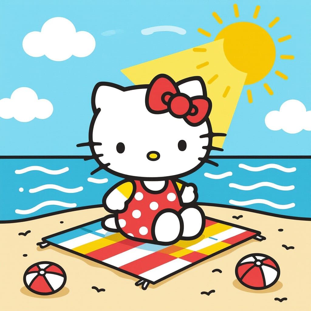 Hello Kitty Relaxing on a Colorful Beach Towel