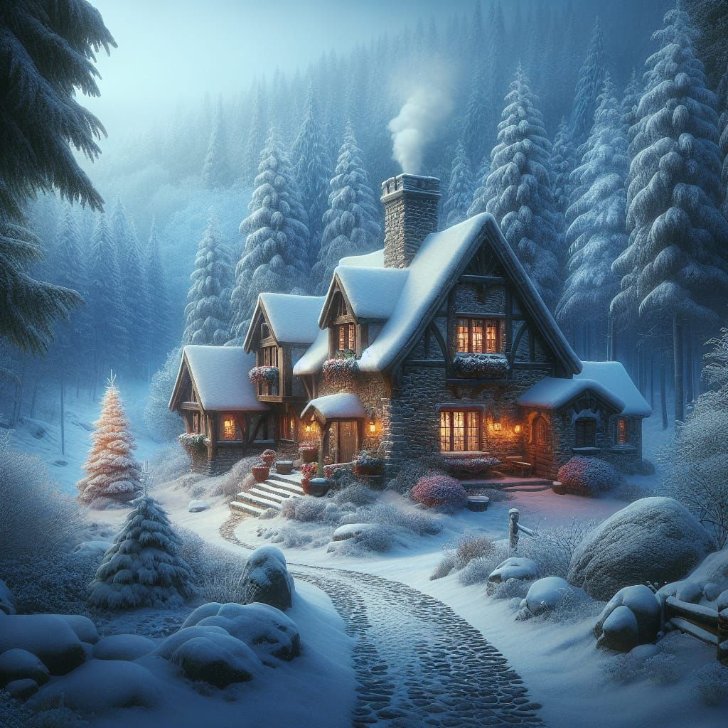 Cobblestone House in Snowy Forest: Matte Painting