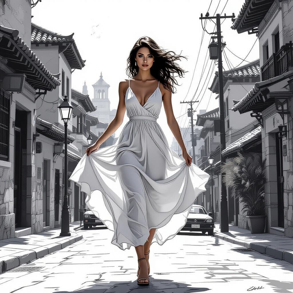 Woman in Flowing Dress on Windy City Street