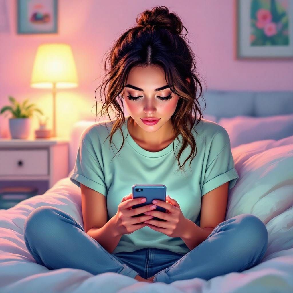 Woman Staring at Phone: Dreamy Surreal Digital Art