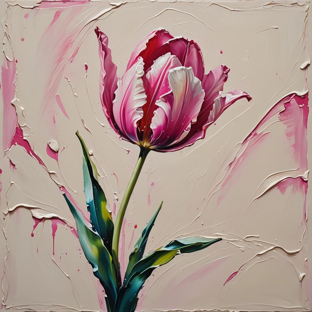 Abstract Pink Tulip Oil Painting with Heavy Texture